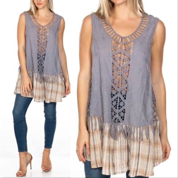 BOHO LAVENDER AND PLAID TUNIC TOP - Picture 1 of 4